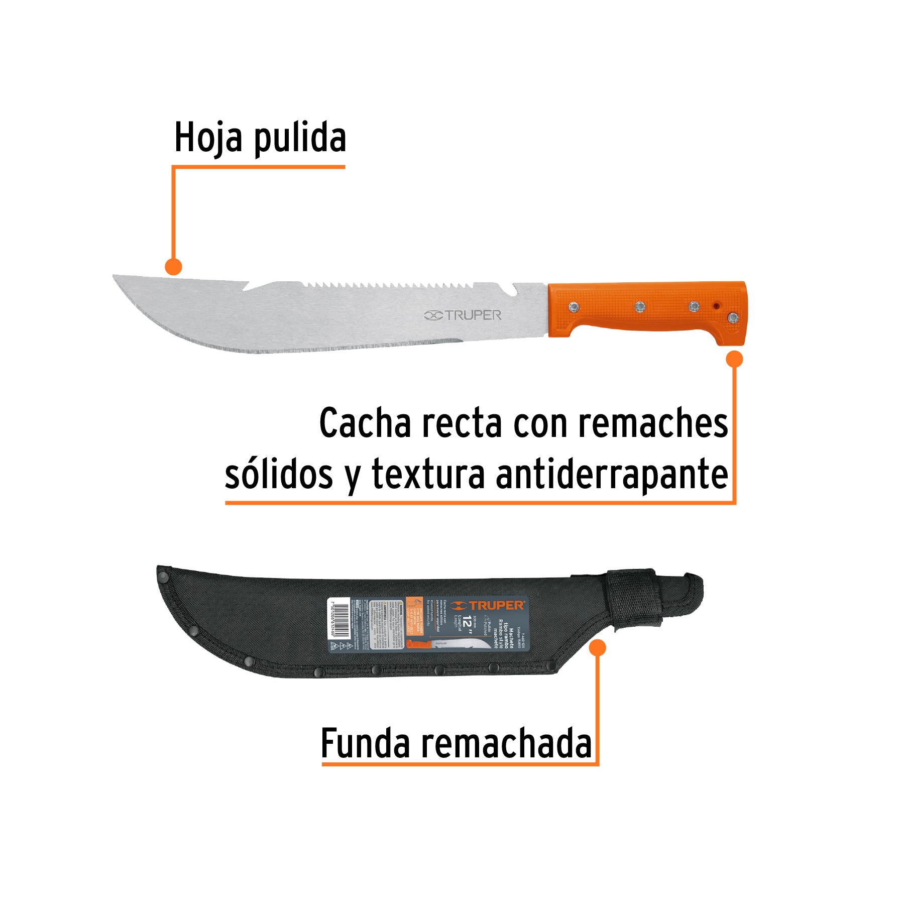 Machete tipo rambo 12" cacha naranja con funda