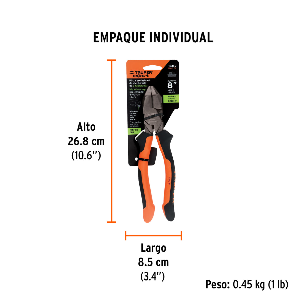 Pinza de electricista profesional, 8", mango comfort grip