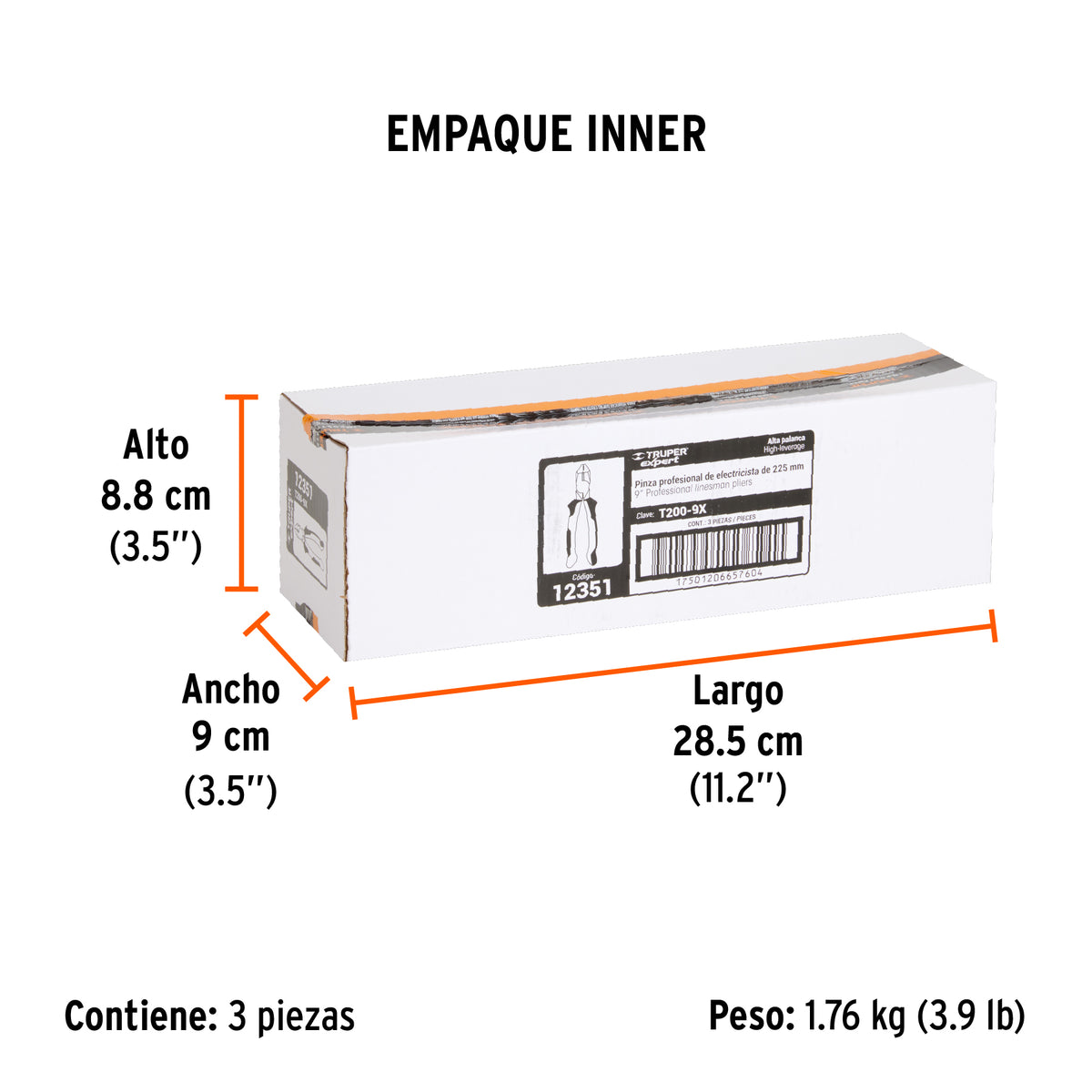Pinza de electricista profesional, 9", mango comfort grip