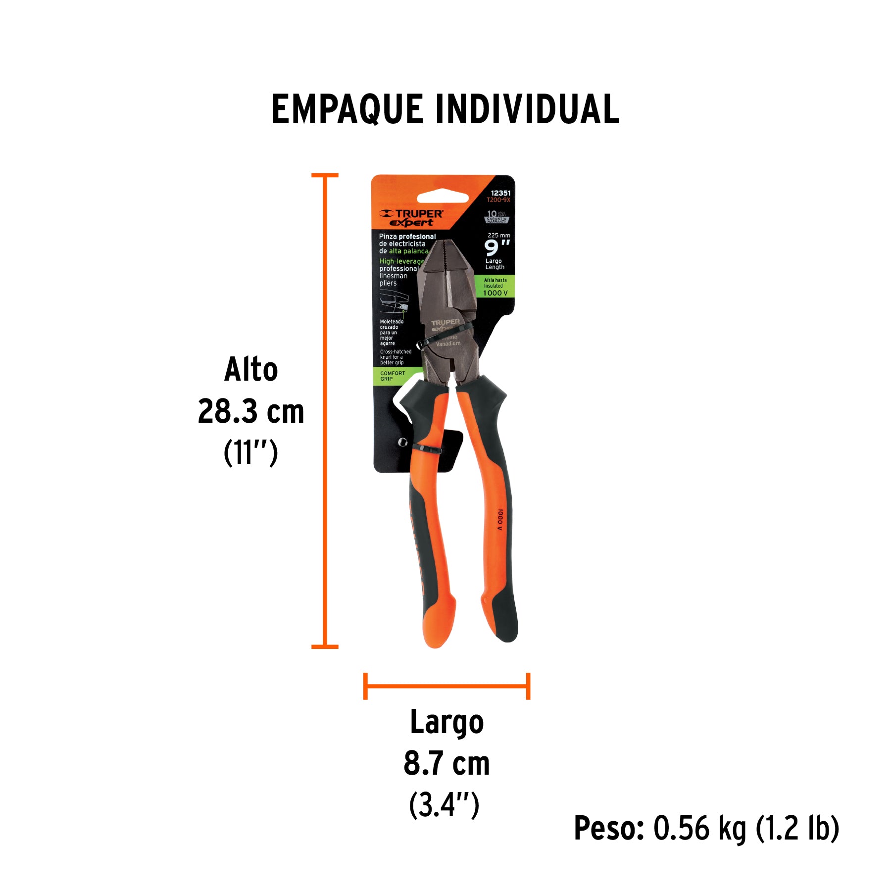 Pinza de electricista profesional, 9", mango comfort grip