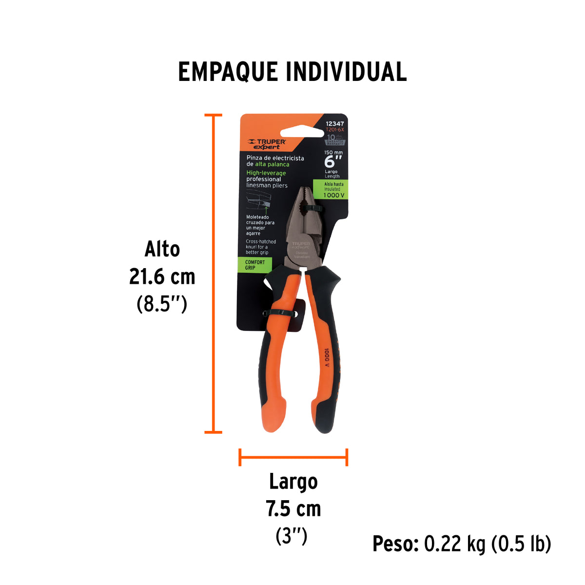 Pinza de electricista 6", mango comfort grip
