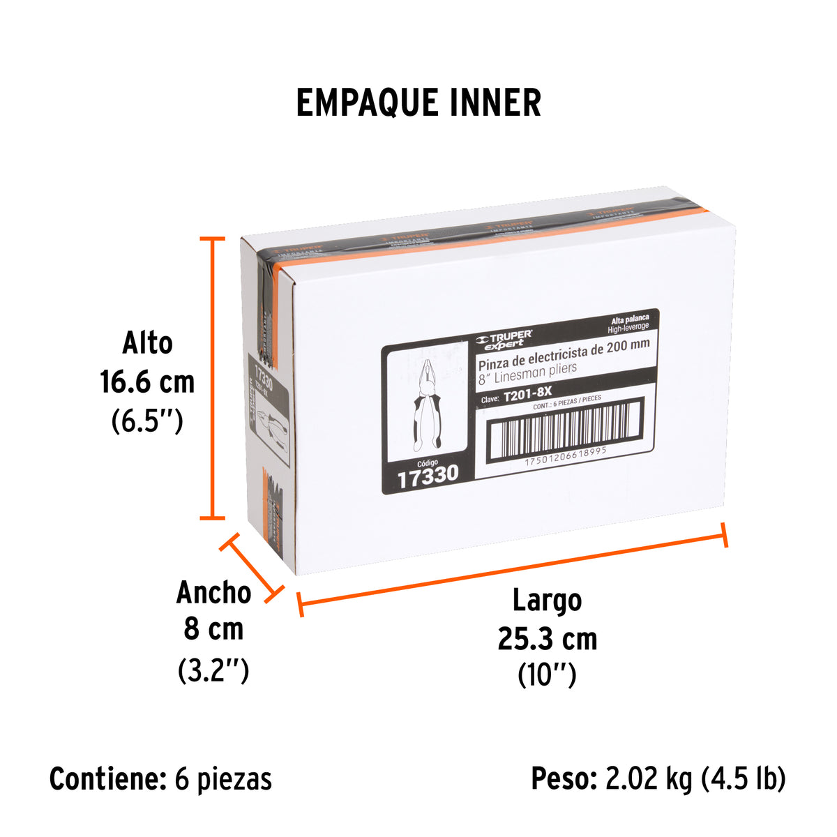 Pinza de electricista 8", mango comfort grip