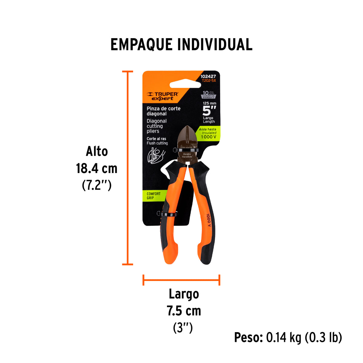 Pinza corte diagonal 5' mango Comfort Grip, Truper Expert