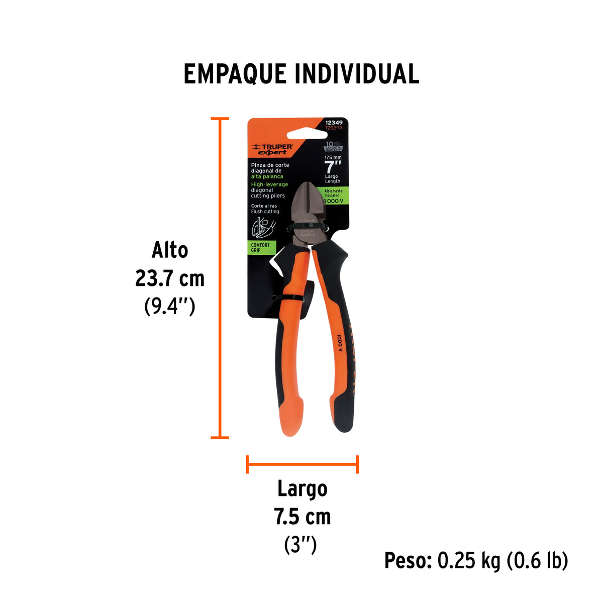 Pinza corte diagonal 7", mango comfort grip