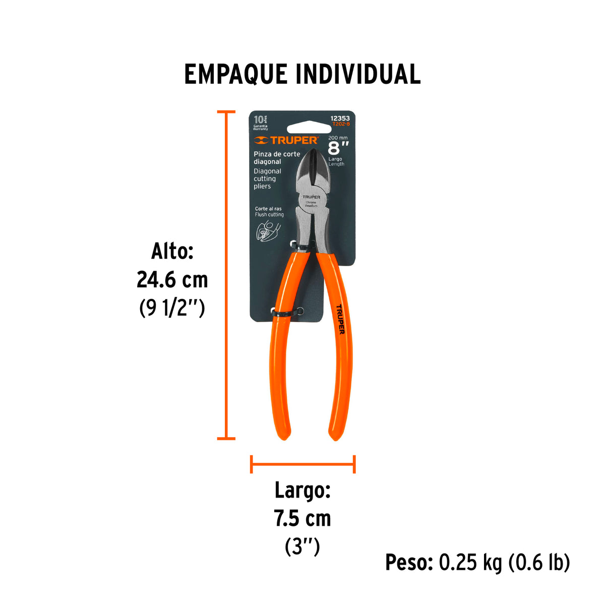 Pinza corte diagonal 8", mango de vinil