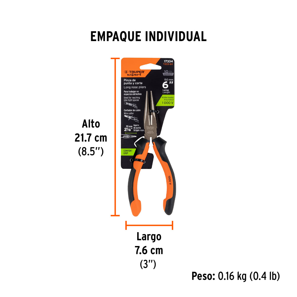 Pinza punta y corte 6", mango comfort grip