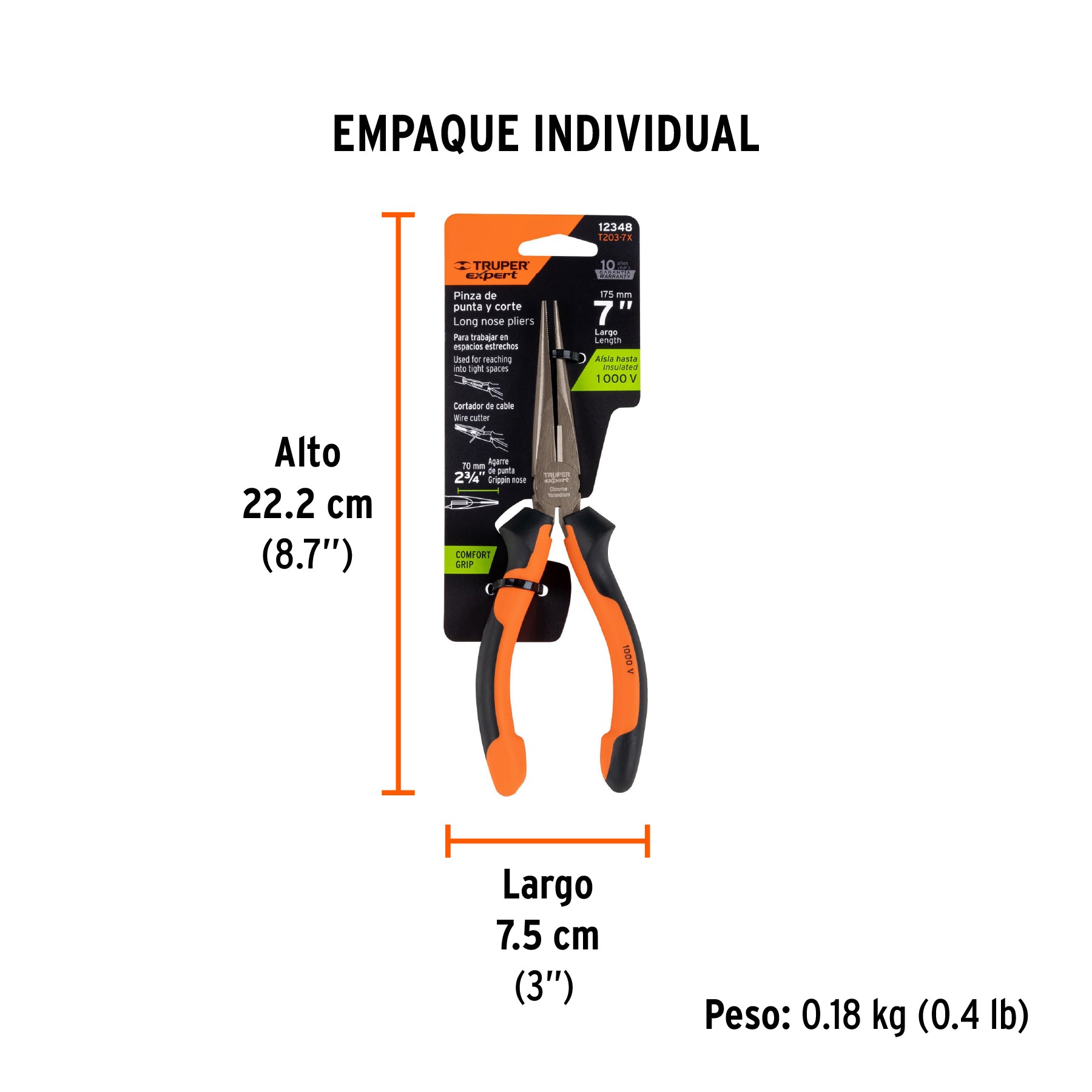 Pinza punta y corte 7", mango comfort grip