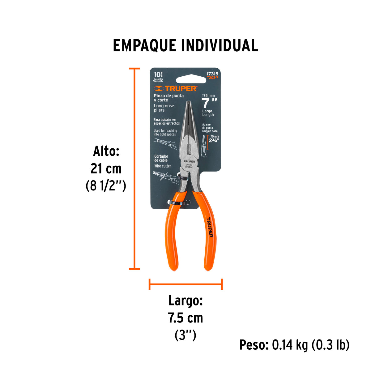 Pinza punta y corte 7", mango de vinil