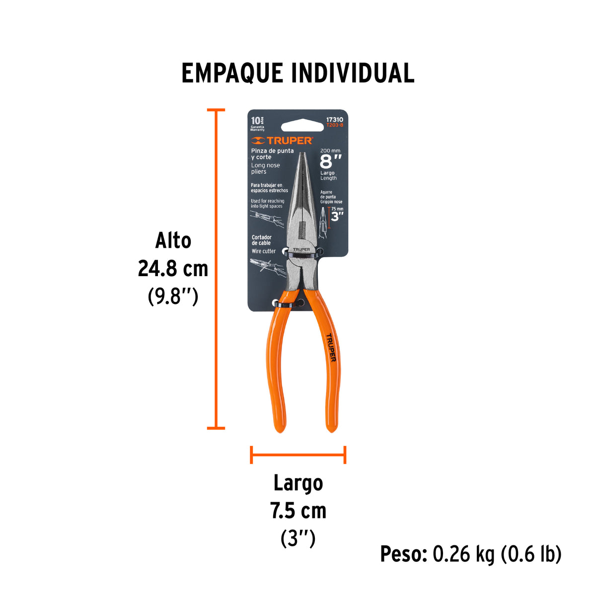 Pinza punta y corte 8", mango de vinil