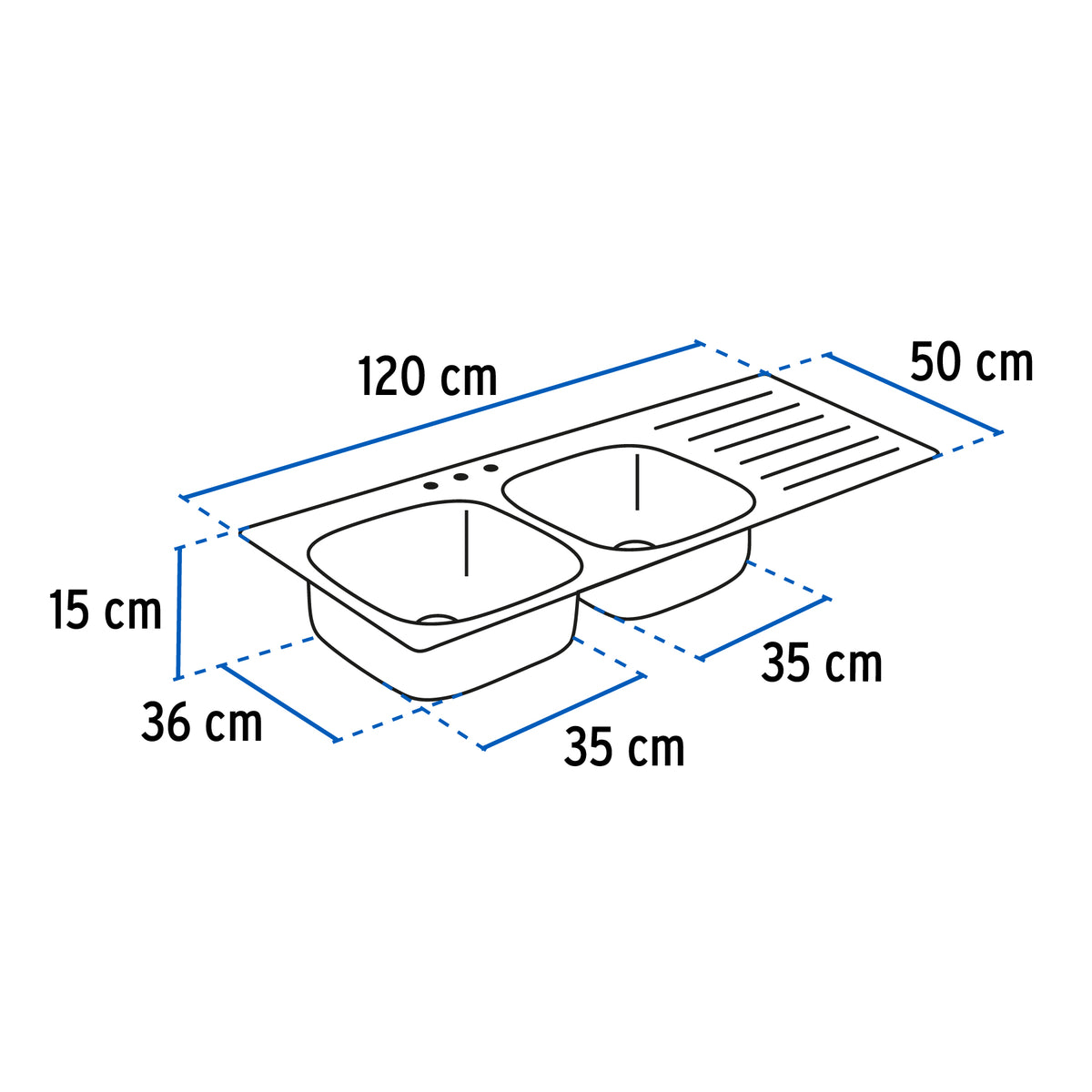 Tarja de empotrar 120 x 50 x 15, doble tina, derecha