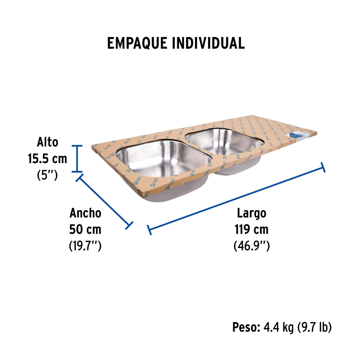 Tarja de empotrar 120x50x15 cm doble tina izquierda Basic