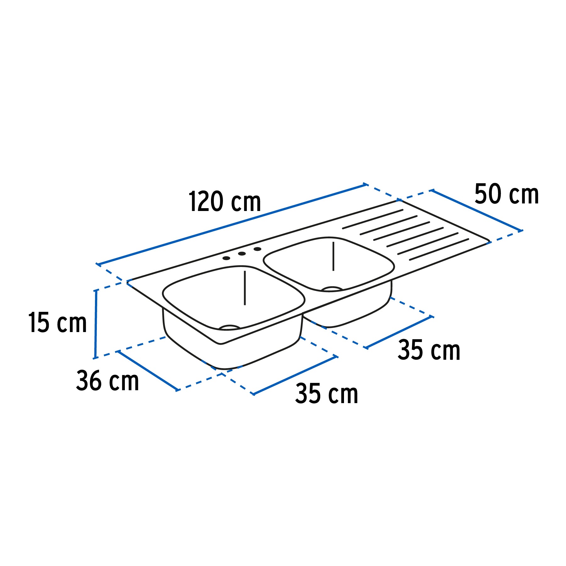 Tarja de empotrar 120 x 50 x 15, doble tina, izquierda