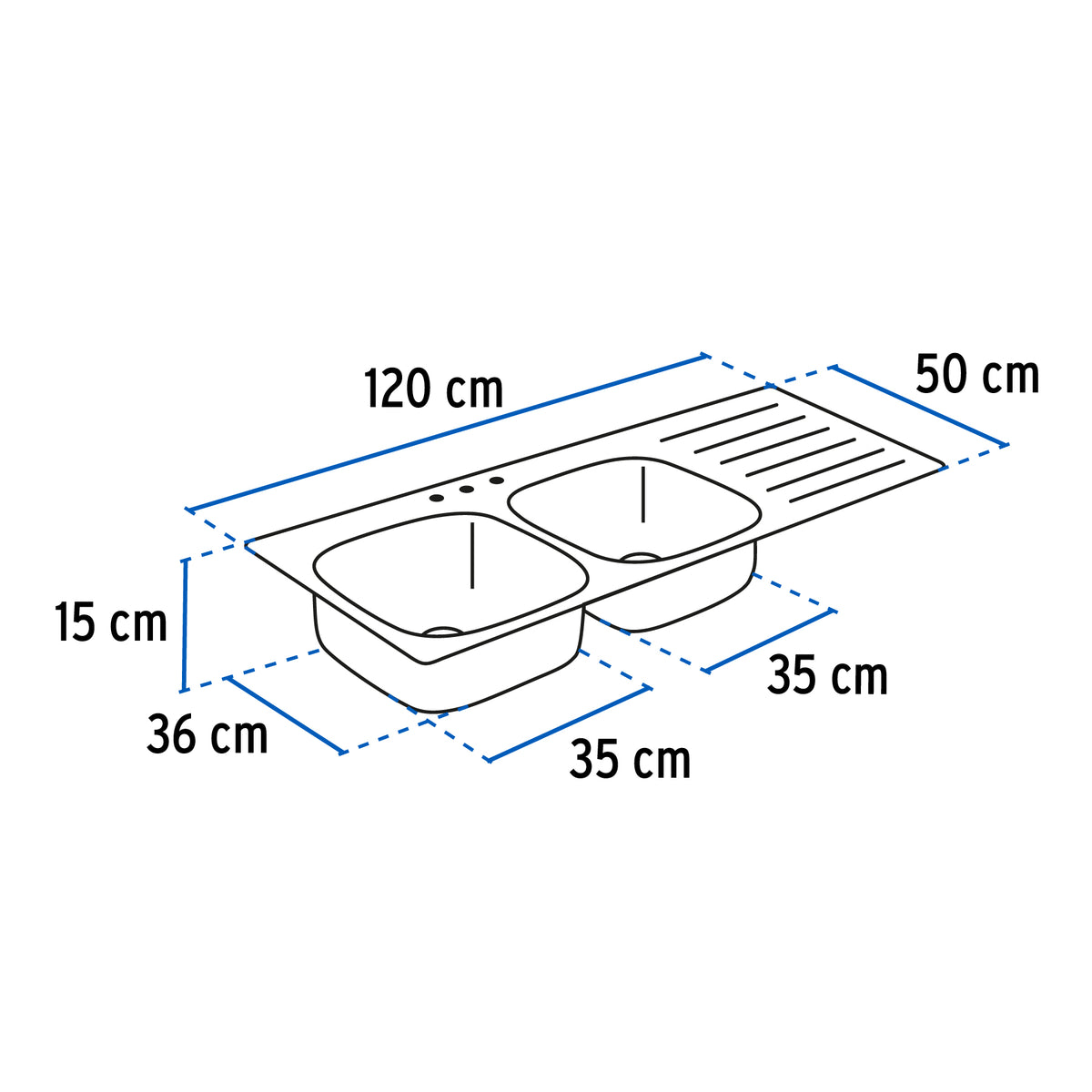 Tarja de empotrar 120 x 50 x 15, doble tina, izquierda