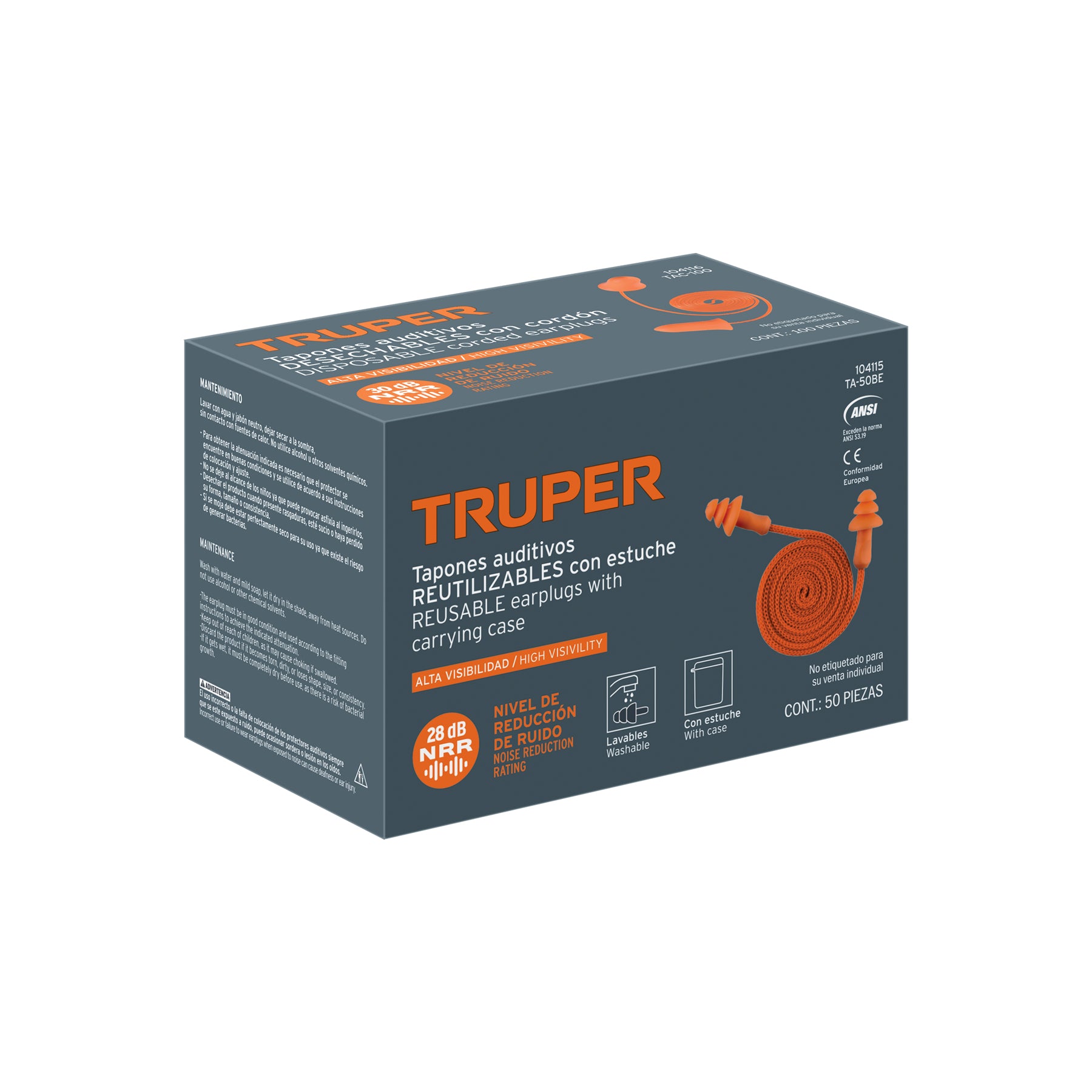 Tapón auditivo reutilizable barrera c/cordón-estuche, 50 pz