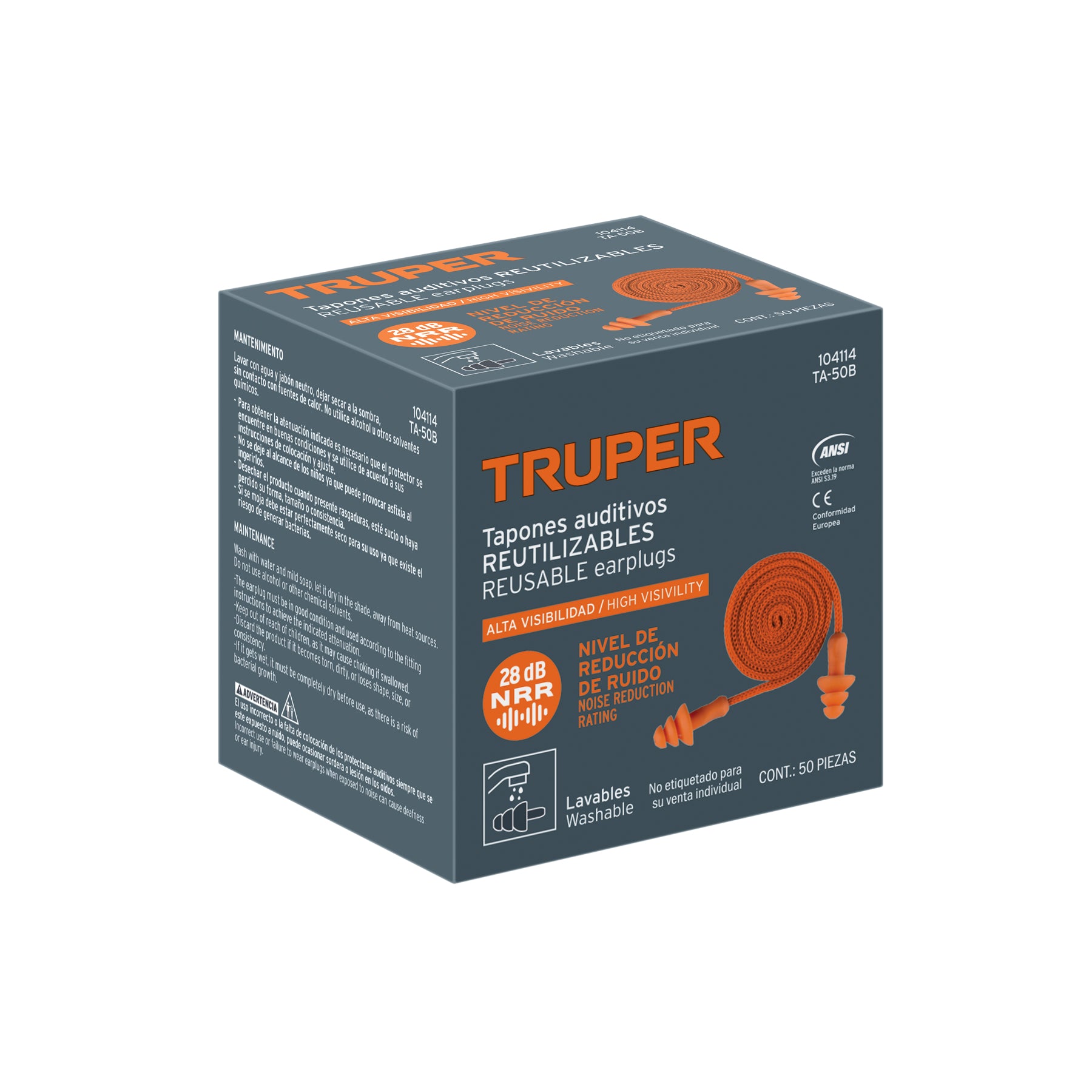 Tapón auditivo reutilizable triple barrera c/cordón, 50 pz