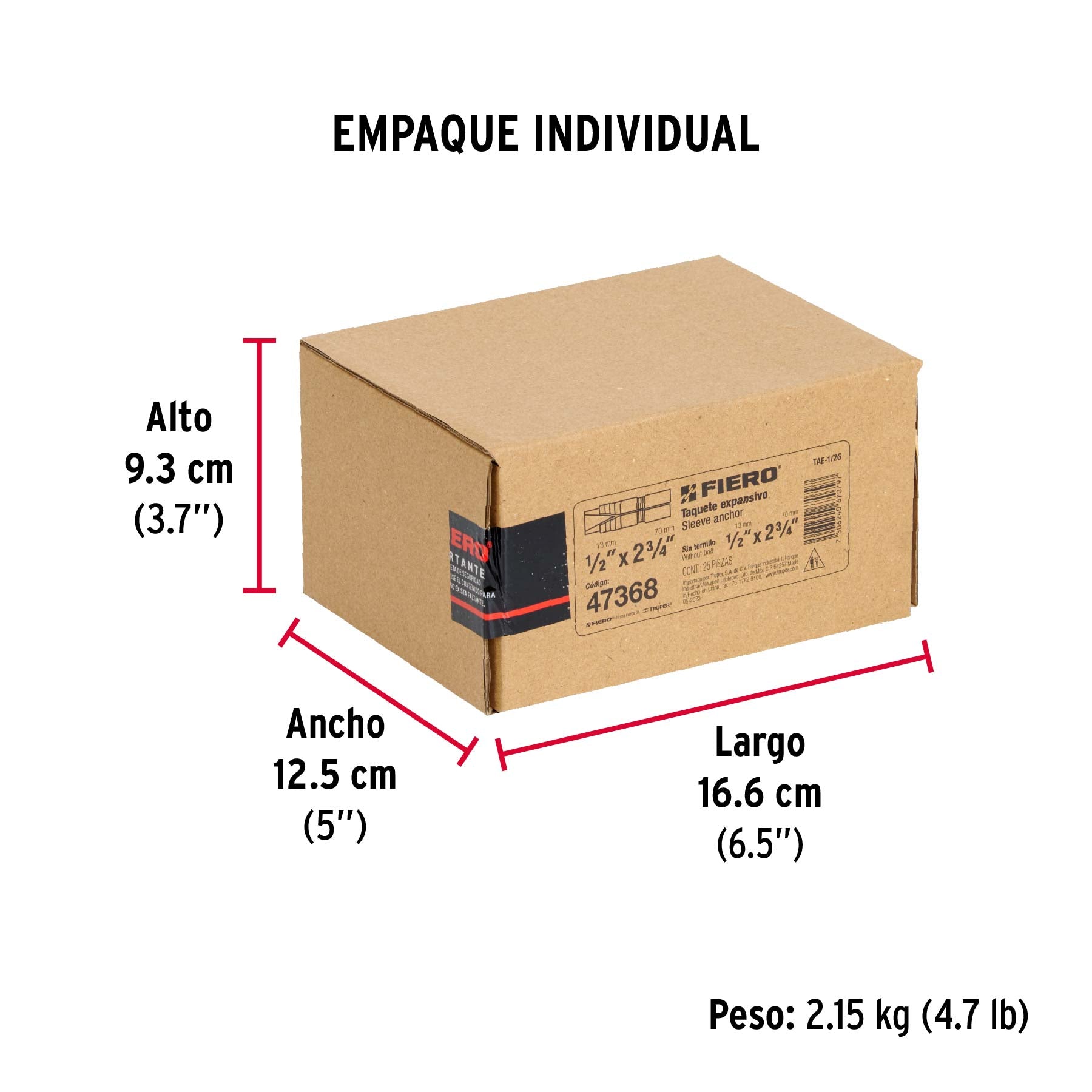 Taquete de expansión, 1/2" sin tornillo, caja 25 piezas