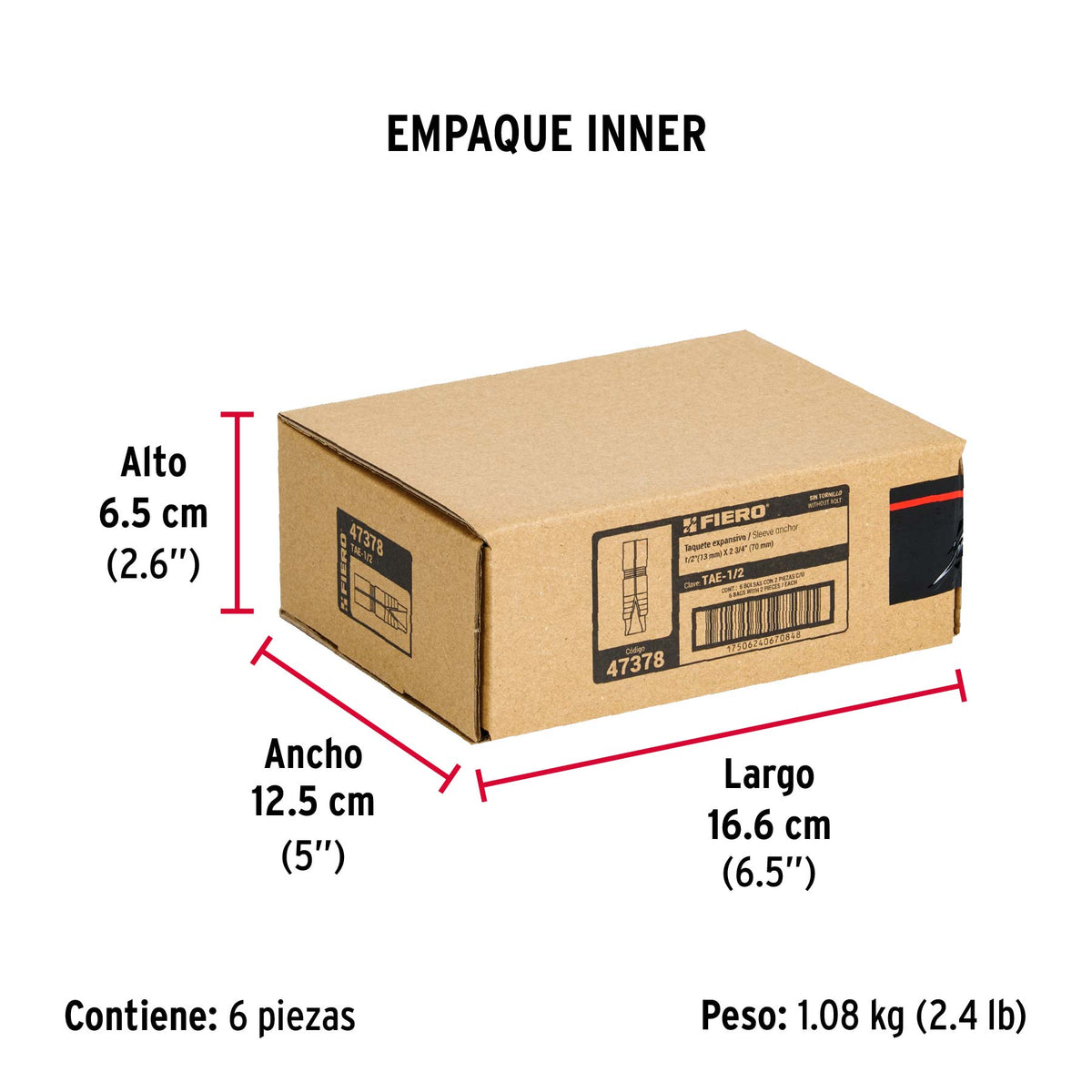Taquete de expansión, 1/2", bolsa 2 piezas