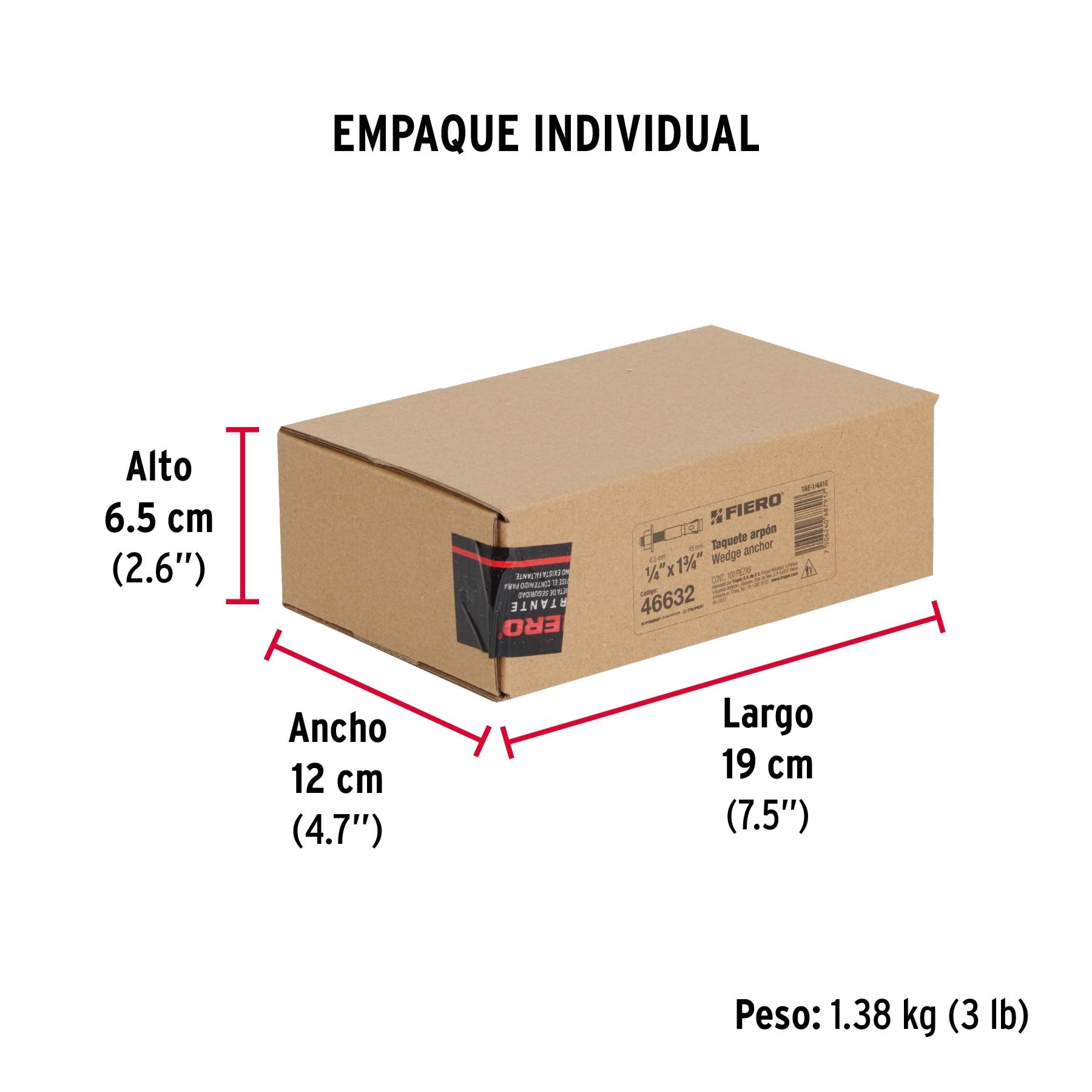 Caja con 100 taquetes arpón de 1/4' x 1-3/4', Fiero