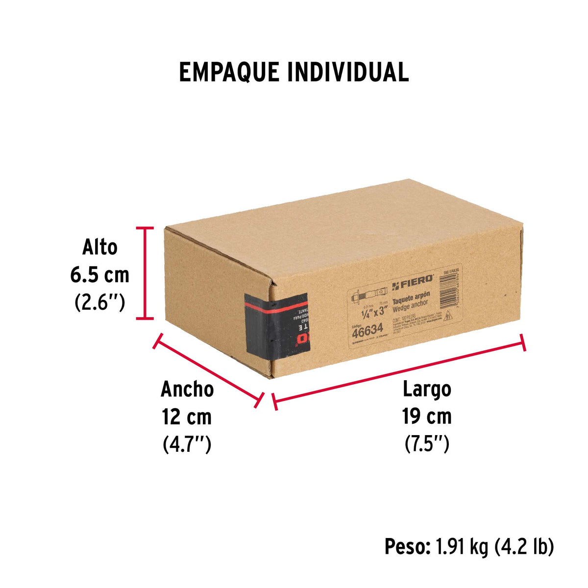Caja con 100 taquetes arpón de 1/4' x 3', Fiero