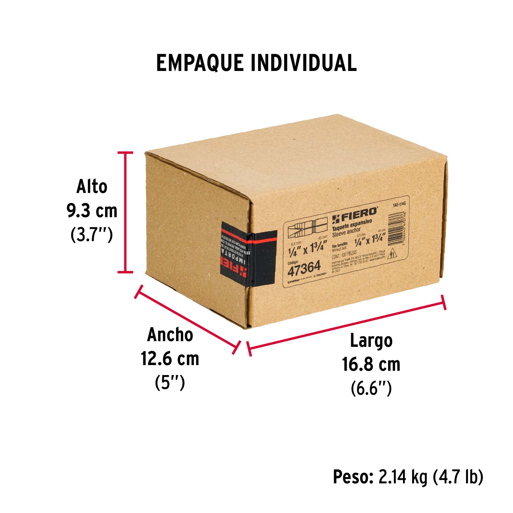 Taquete de expansión, 1/4" sin tornillo, caja 100 piezas