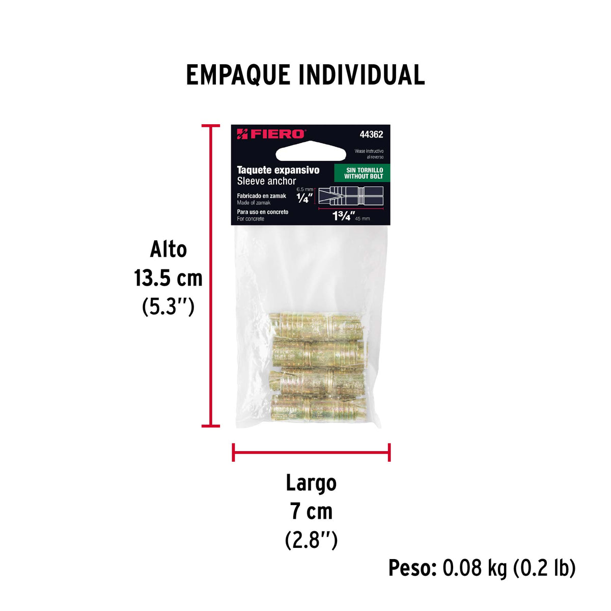 Taquete de expansión, 1/4", bolsa 4 piezas