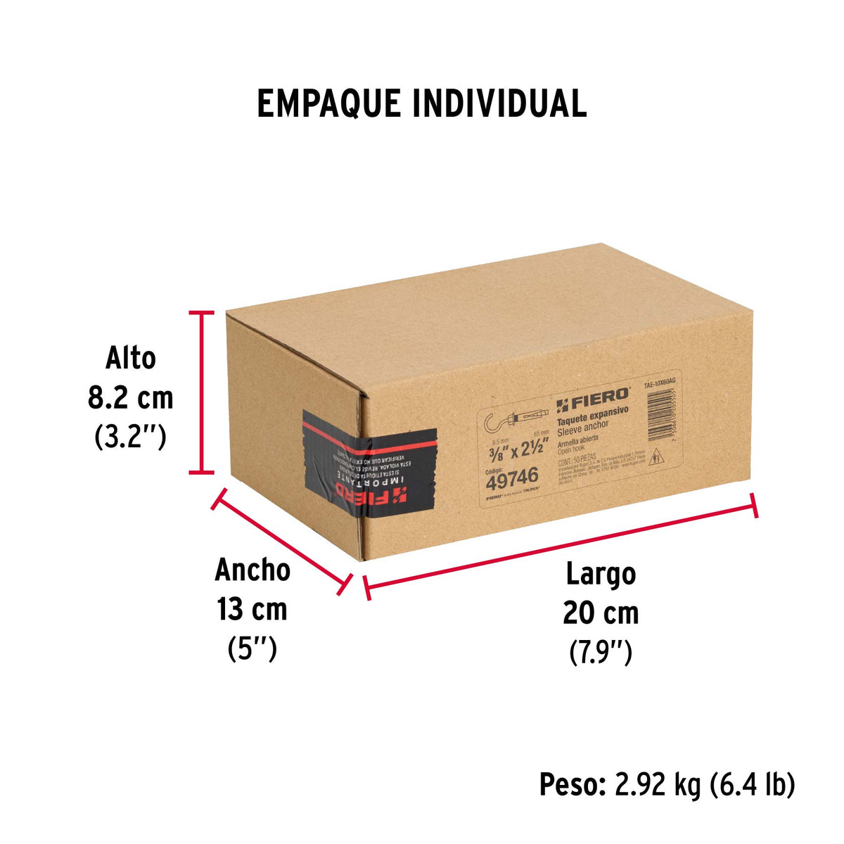 Caja con 50 taquetes expansivos 10x60 mm con armella abierta
