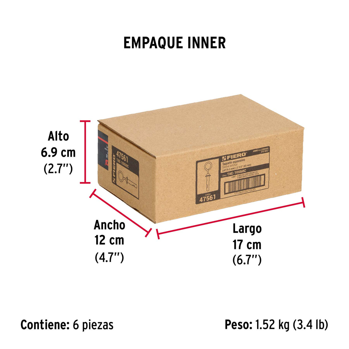 Taquete expansivo con armella cerrada, 10X60 mm,bolsa 4 pzas