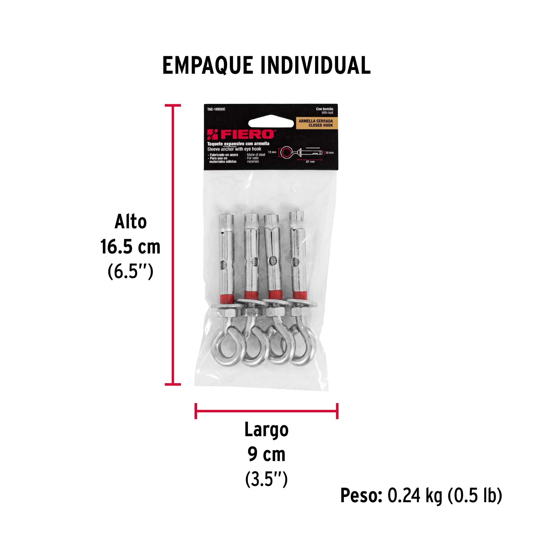 Taquete expansivo con armella cerrada, 10X60 mm,bolsa 4 pzas
