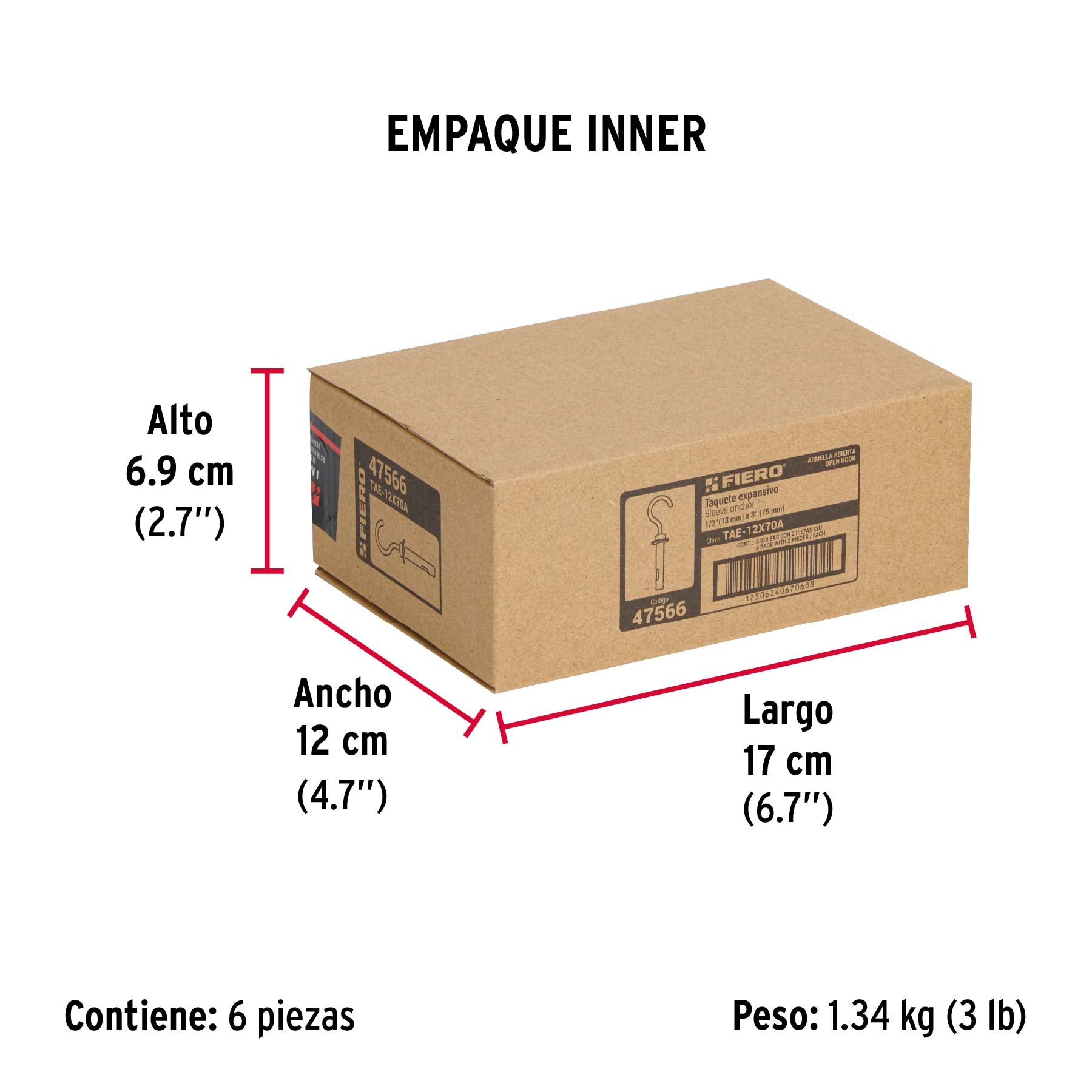 Taquete expansivo con armella abierta, 12X70mm, bolsa 2 pzas