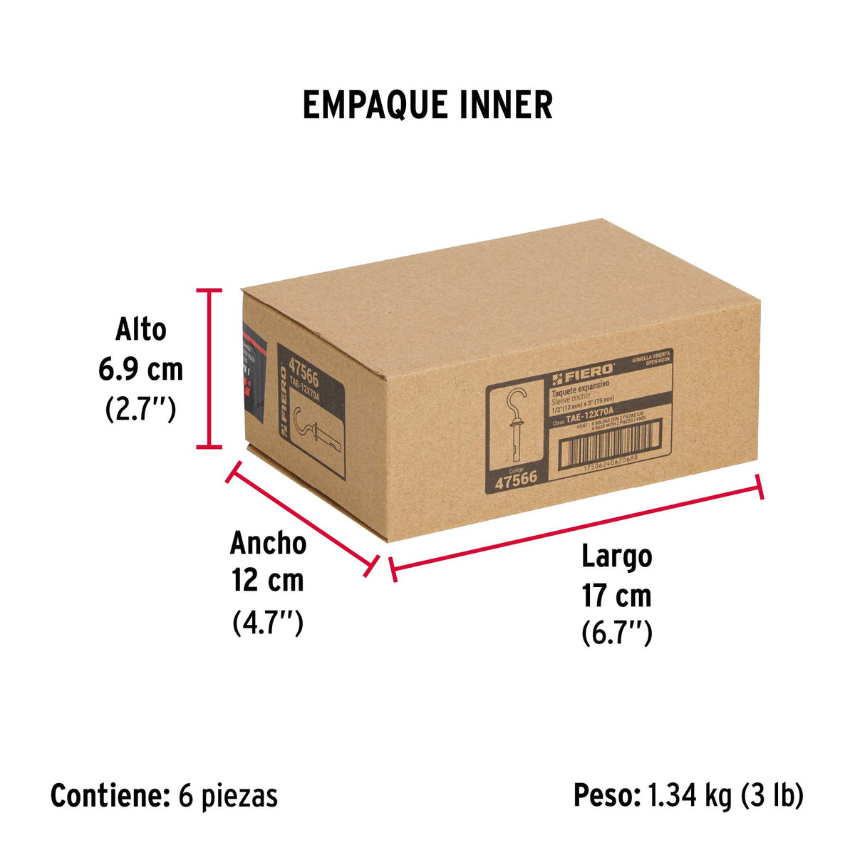 Taquete expansivo con armella abierta, 12X70mm, bolsa 2 pzas