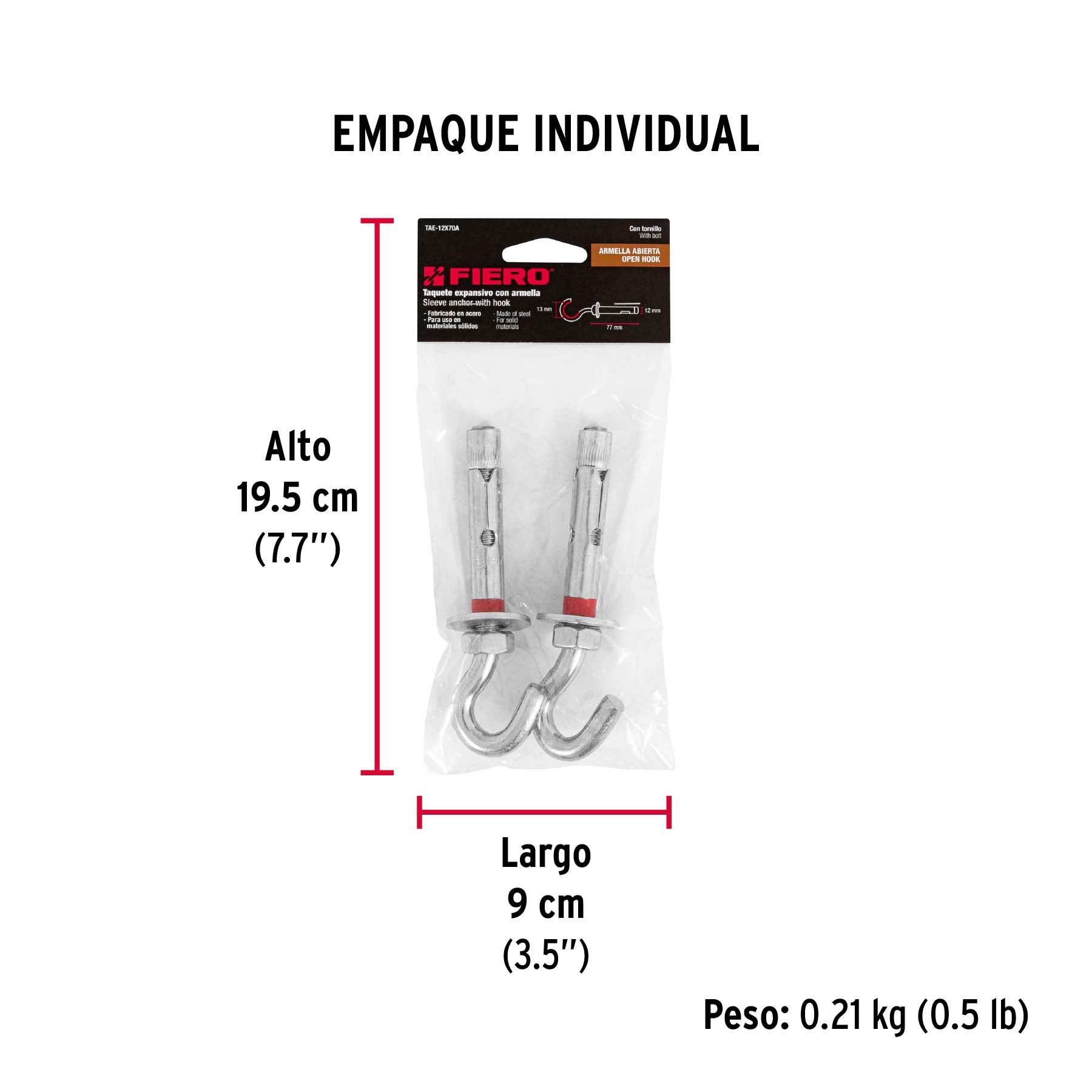 Taquete expansivo con armella abierta, 12X70mm, bolsa 2 pzas