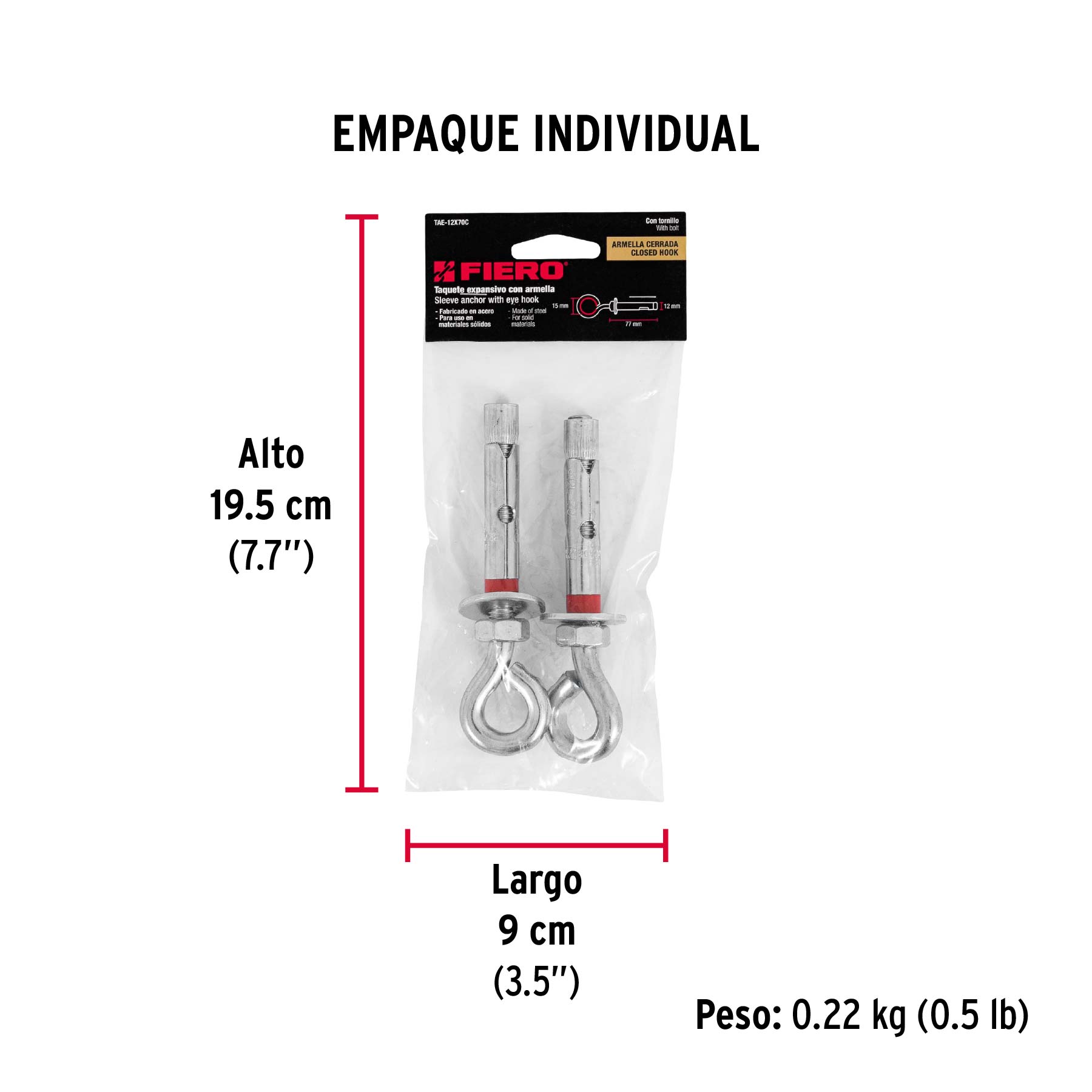 Taquete expansivo con armella cerrada, 12X70mm, bolsa 2 pzas