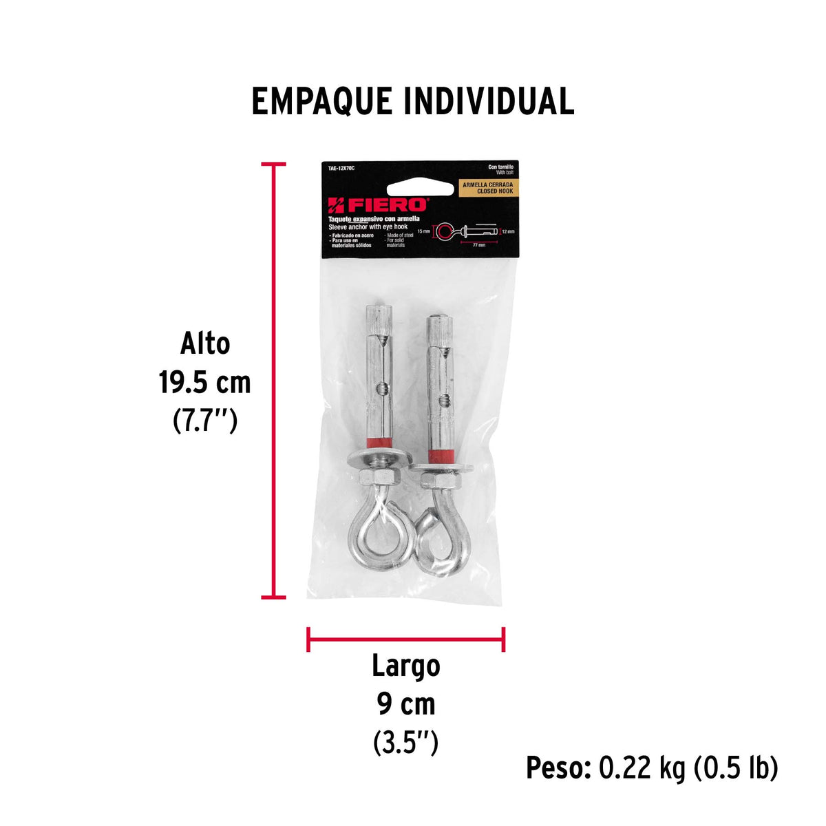 Taquete expansivo con armella cerrada, 12X70mm, bolsa 2 pzas