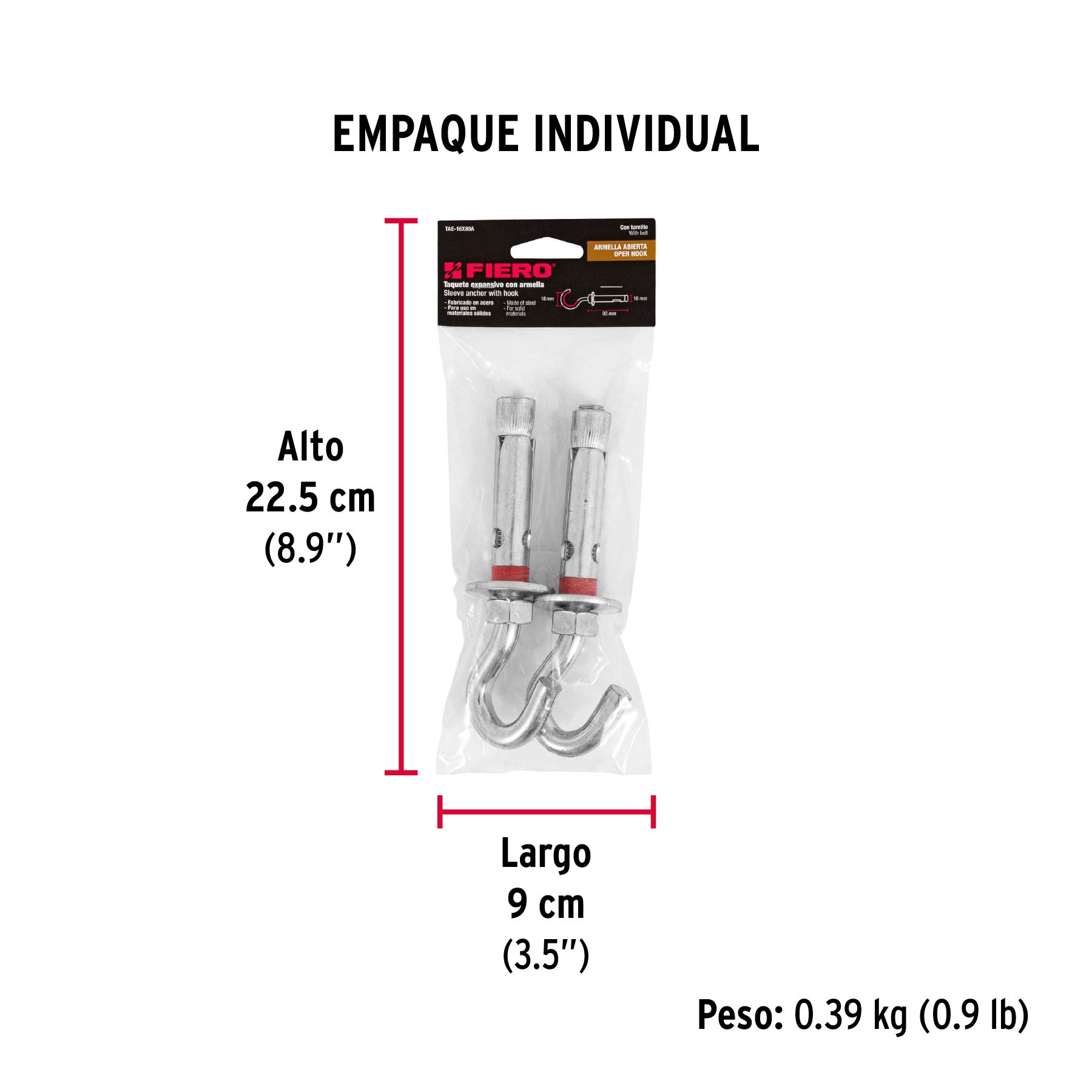Taquete expansivo con armella abierta, 16X80mm, bolsa 2 pzas