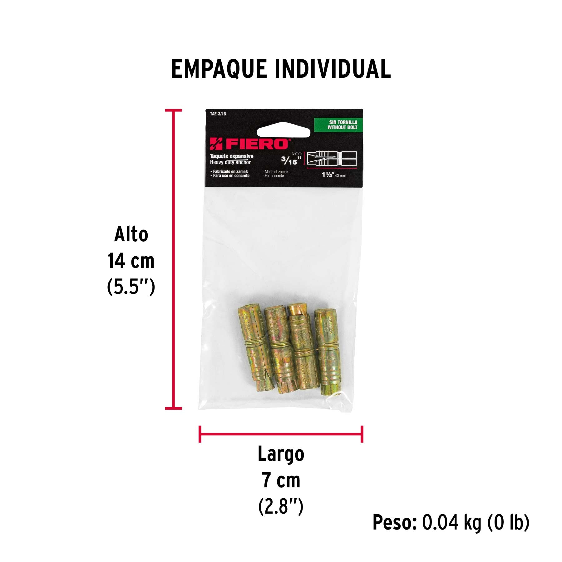 Taquete de expansión, 3/16", bolsa 4 piezas