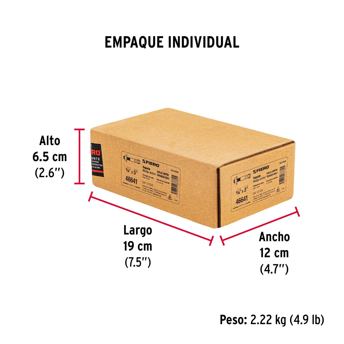 Caja con 50 taquetes arpón de 3/8' x 3', Fiero