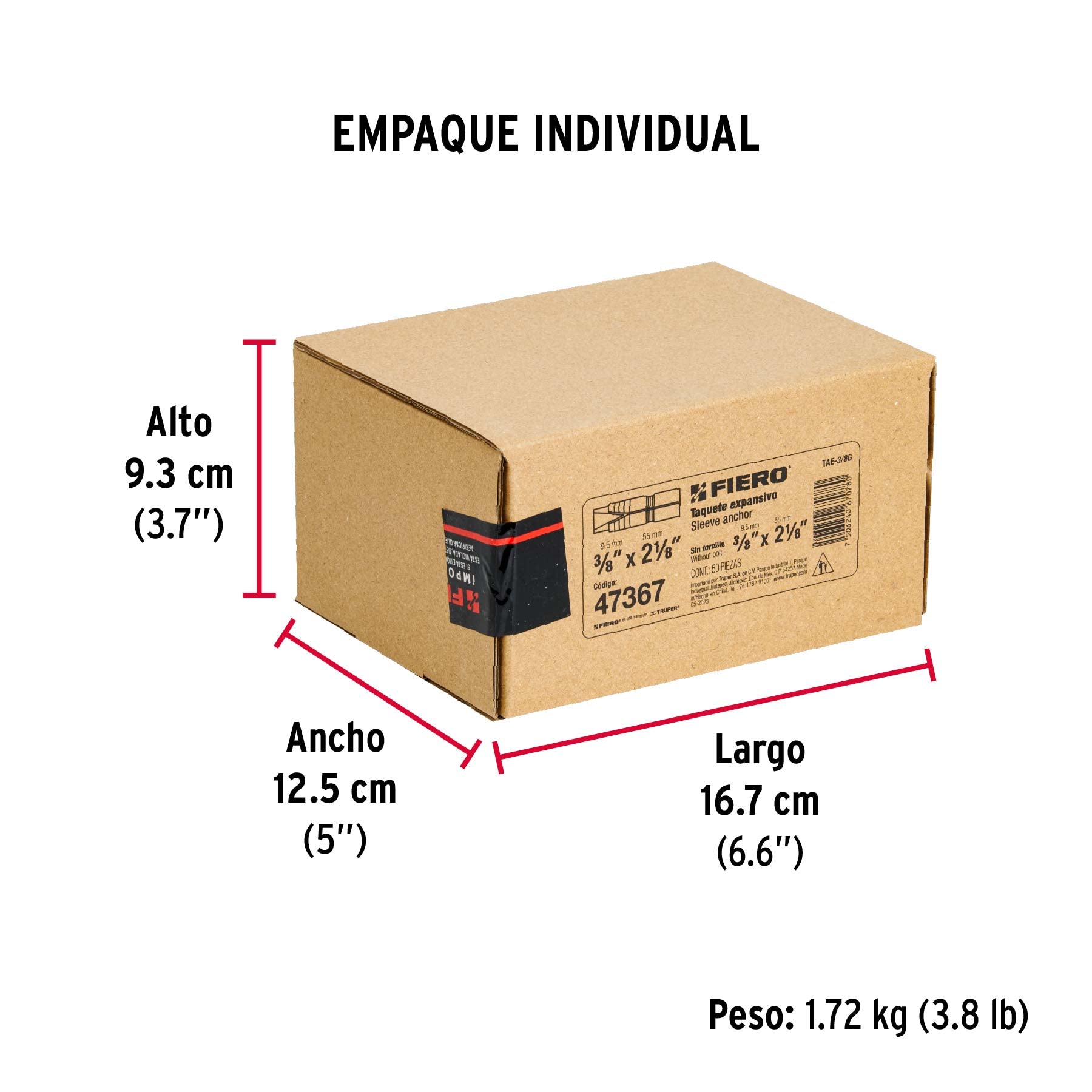 Taquete de expansión, 3/8" sin tornillo, caja 50 piezas