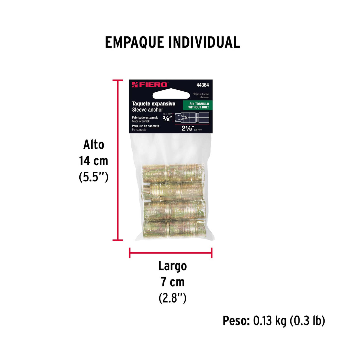 Taquete de expansión, 3/8", bolsa 4 piezas