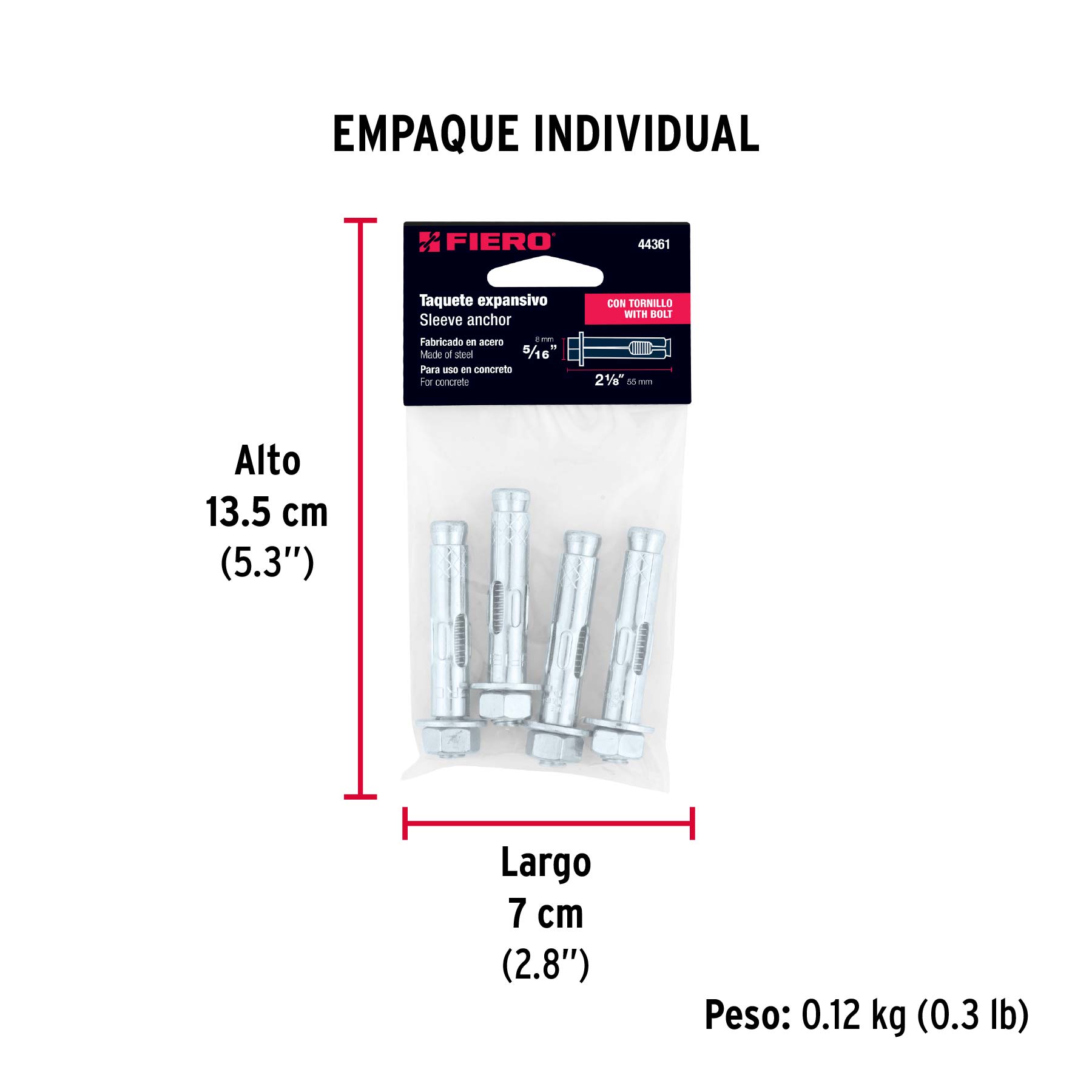 Taquete de expansión, 5/16",con tornillo, bolsa 4 pzas