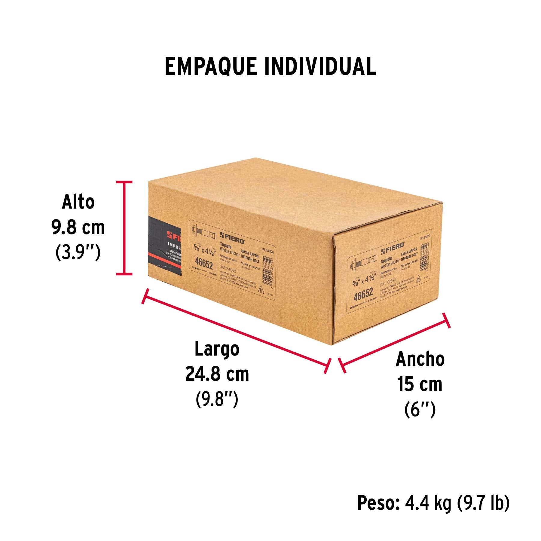 Caja con 25 taquetes arpón de 5/8' x 4-1/2', Fiero