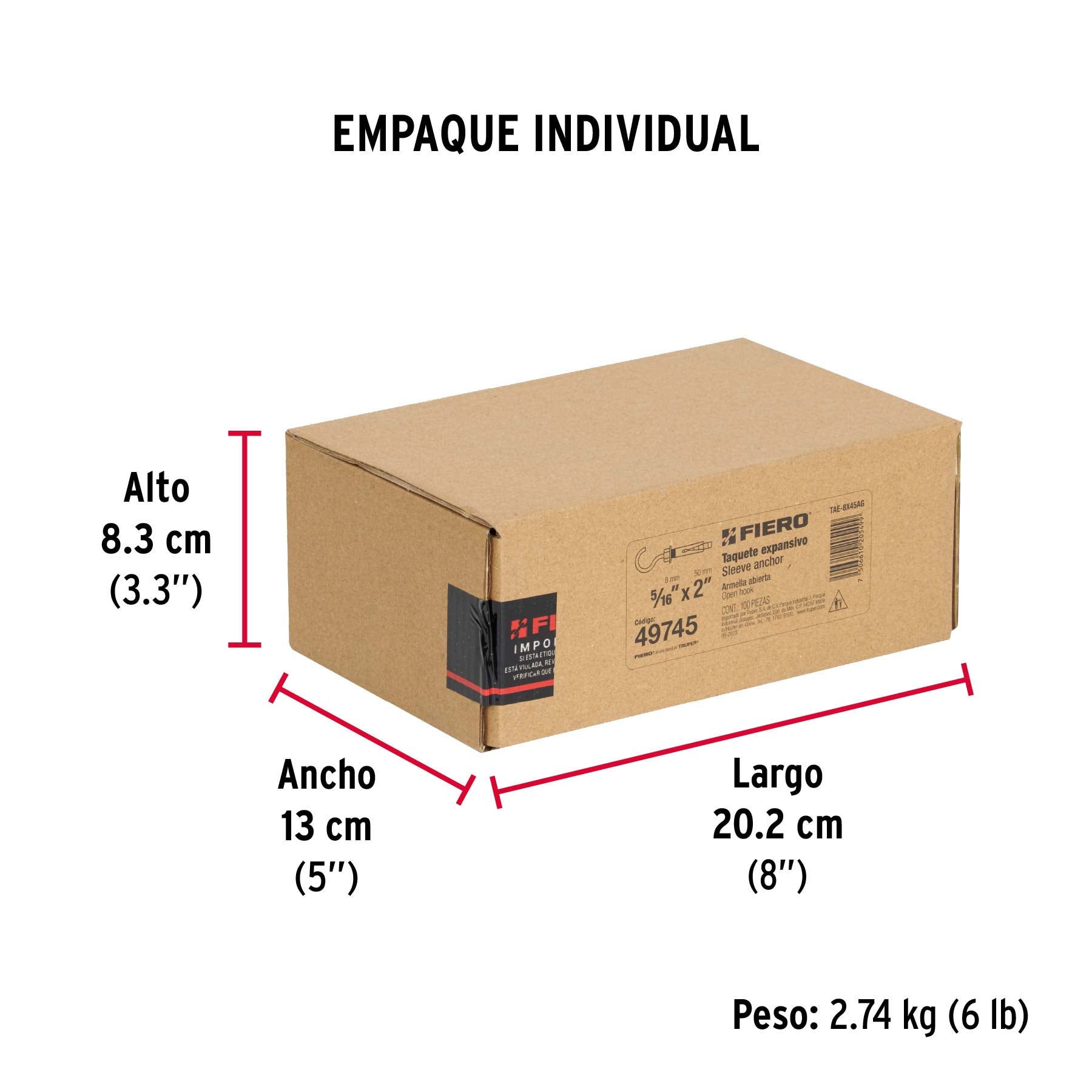 Caja con 100 taquetes expansivos 8x45 mm con armella abierta