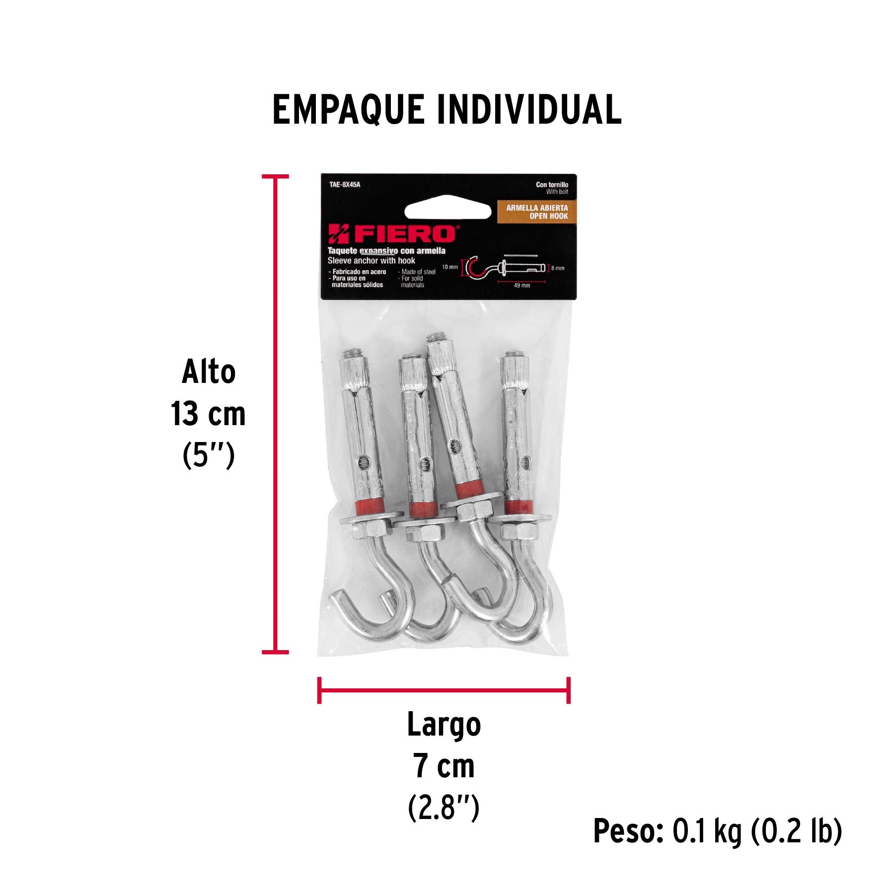 Taquete expansivo con armella abierta, 8X45 mm, bolsa 4 pzas