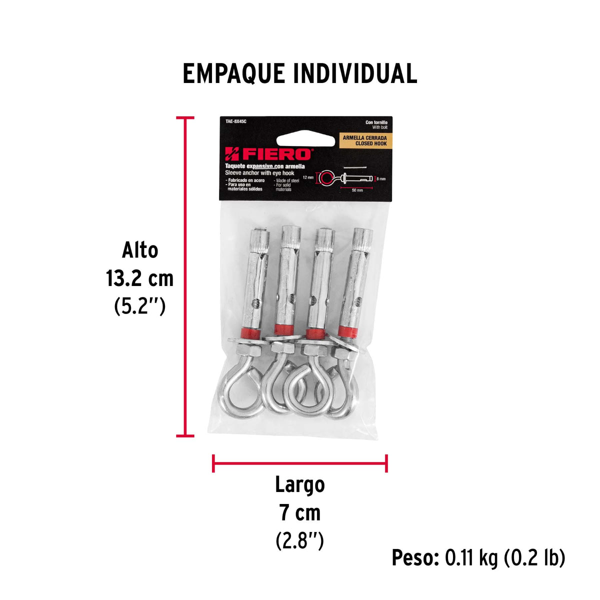 Taquete expansivo con armella cerrada, 8X45 mm, bolsa 4 pzas