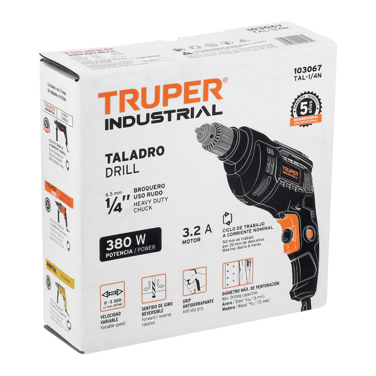Taladro 1/4', 380W, TRUPER INDUSTRIAL