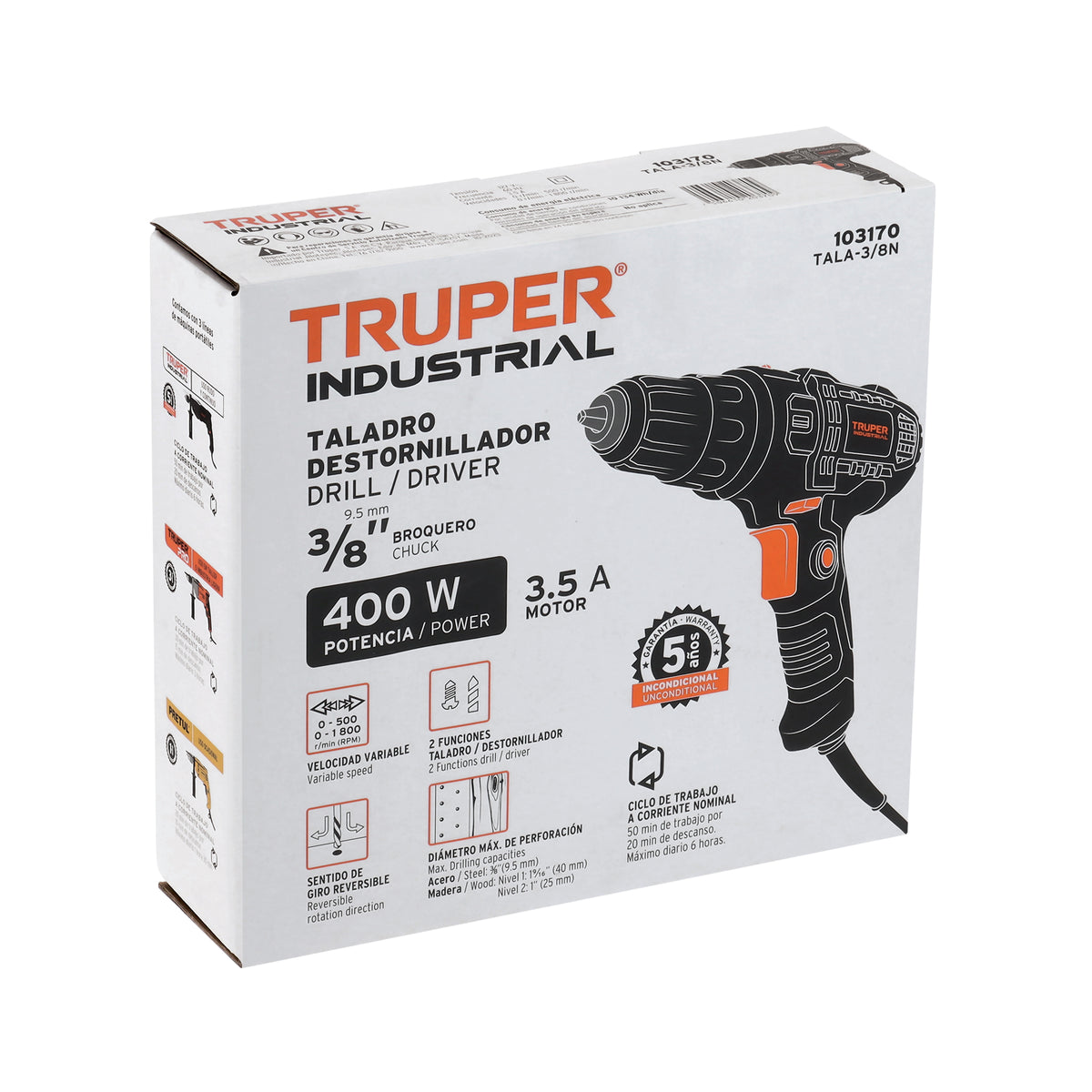 Taladro atornillador 3/8', 400W, TRUPER INDUSTRIAL