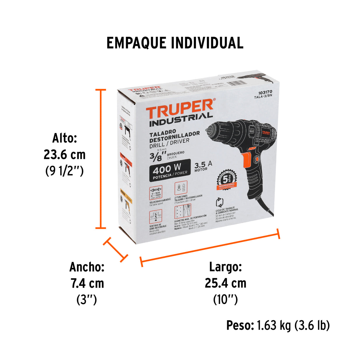 Taladro atornillador 3/8', 400W, TRUPER INDUSTRIAL