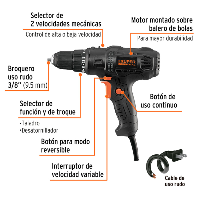 Taladro atornillador 3/8', 400W, TRUPER INDUSTRIAL