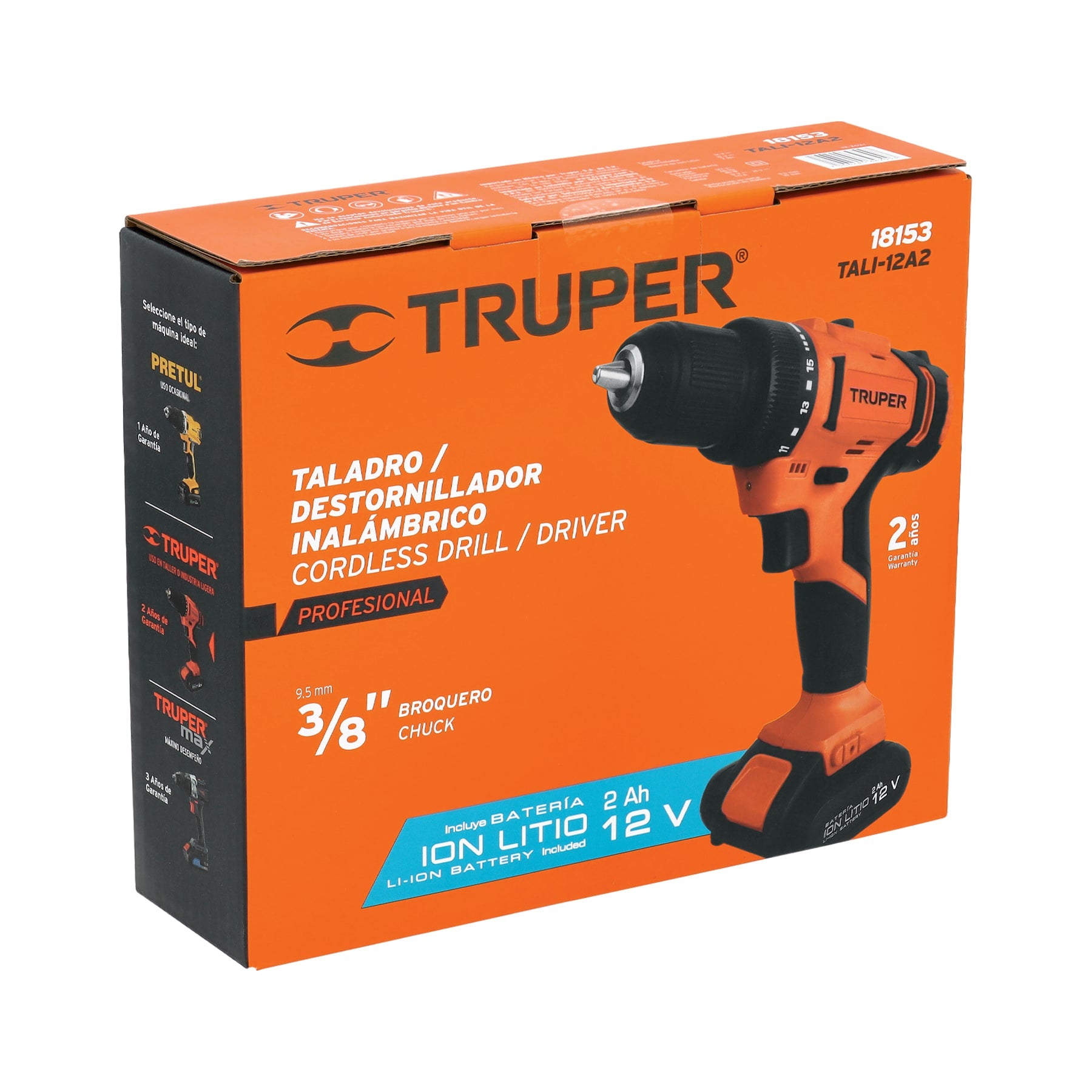 Taladro inalámbrico, batería ion litio, 12 V, 3/8"