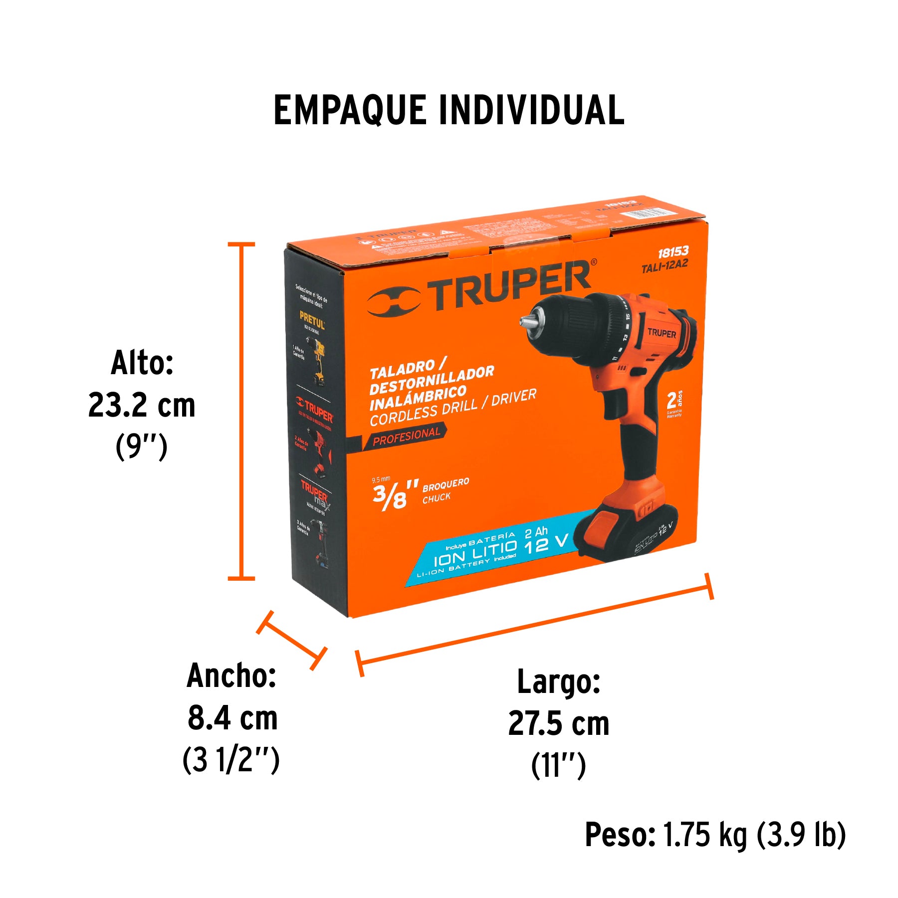 Taladro inalámbrico, batería ion litio, 12 V, 3/8"
