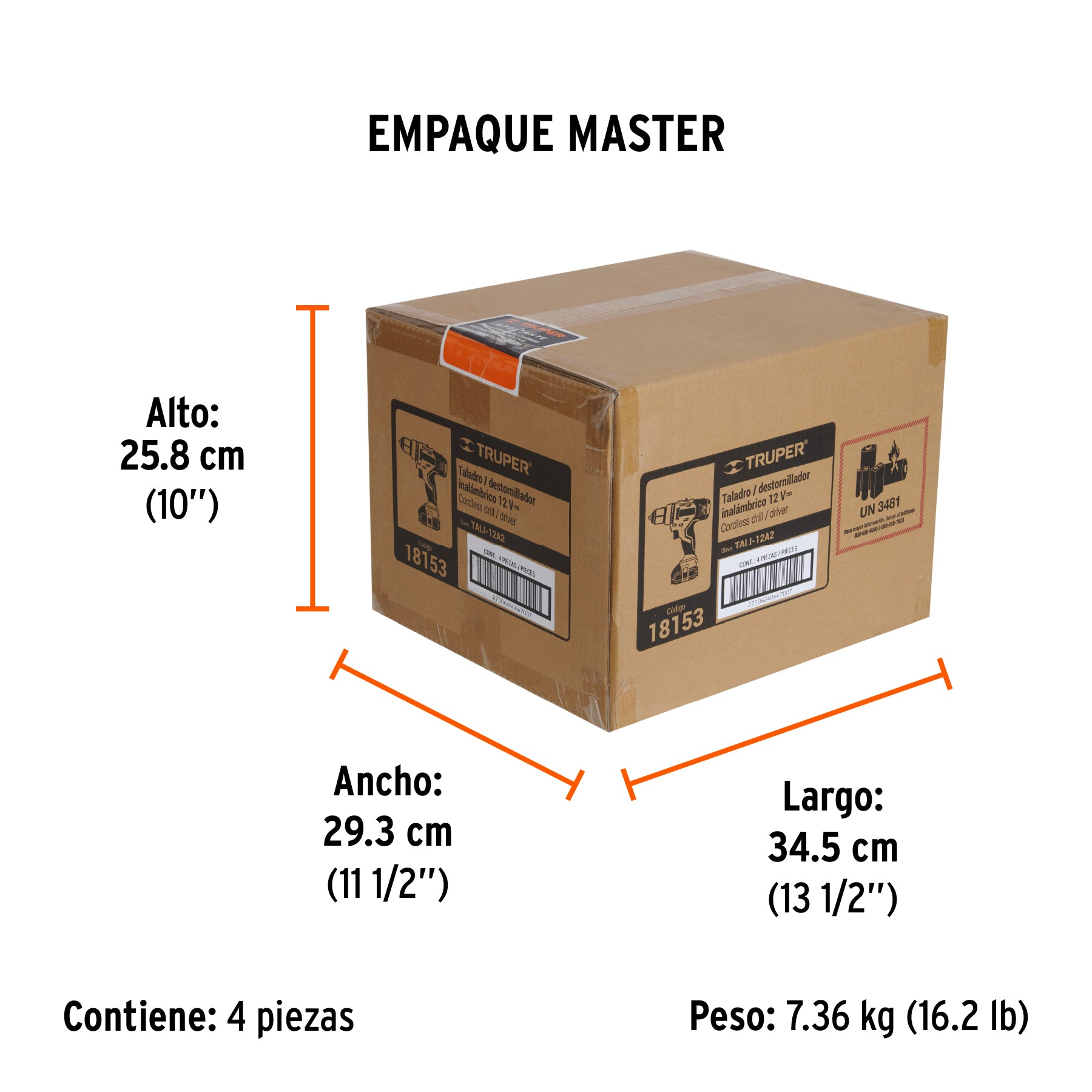 Taladro inalámbrico, batería ion litio, 12 V, 3/8"